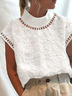 Women Elegant Hollow Out Floral Lace Turtleneck Short Sleeve White Linen Top