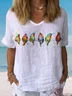 Women Casual Bird Crew Neck Loose Short Sleeve Summer Linen T-shirt
