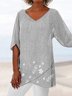 Floral Loose V Neck Asymmetric Hem Plus Size Half sleeve Summer Linen Tunic Top