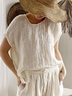 Women Casual White Crew Neck Linen Breathable Short Sleeve Summer T-shirt