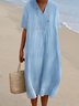 Women Summer Vacation V Neck Pockets Loose Plain Cotton And Linen Short sleeve Dress