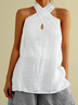 Women Casual Plain Cross Neck Halter Neck Loose Sleeveless Cotton Linen Tank Top