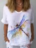 Women Casual Loose V Neck Dragonfly Short Sleeve Summer T-shirt