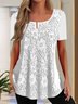 Women Casual Plain Lace Square Neck Button Short Sleeve Tunic Top