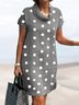 Women Casual Polka Dots Cowl Neck Short Sleeve Loose Cotton and Linen Dress