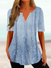 Women Casual Ethnic Loose V Neck Button Short Sleeve Tunic Top