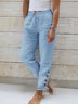 Women Casual Pockets Drawstring Waist Button Plain Cotton and Linen Pants