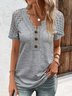 Women Casual V Neck Button Hollow Out Lace Plain Summer Short Sleeve T-Shirt