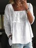 Women Casual Plain Square Neck Lace Floral Plain Loose Long Sleeve Tunic Top