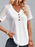 Women Elegant V Neck Button Hollow Out Lace Plain Short Sleeve Tunic Top