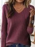 Casual V-neck Yarn/Wool Yarn Plain Sweater