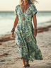 Women's Short Sleeve Summer Green Floral Printing V Neck Daily Going Out Casual Maxi H-Line T-Shirt Dress Dress