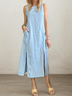 Casual Plain Slit Crew Neck linen-cotton Maxi Dress