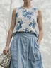 Linen Casual Floral Crew Neck linen-cotton Tank Top