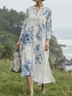 Casual Floral Stand Collar linen-cotton Midi Dress