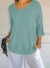 Women Plain V Neck Casual Three Quarter Sleeve T-shirt