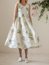 Vacation Plants V Neck linen-cotton Midi Dress