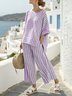 Casual Raglan Sleeves Striped Crew Neck Two-Piece Set