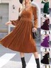 Women's Long Sleeve Spring/Fall Brown Plain Split Joint V Neck Daily Going Out Vintage Maxi A-Line T-Shirt Pleuche Dress