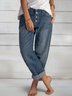 Women Casual Pockets Buttoned Jeans Blue Denim Pants